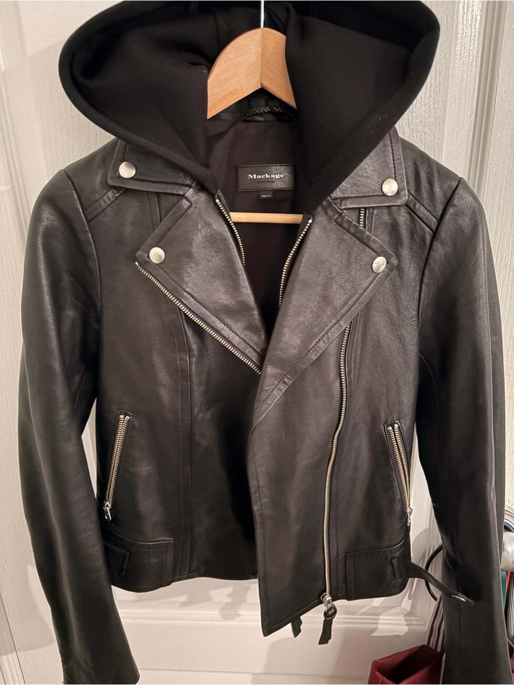 Mackage Black Leather Hooded Asymmetric Moto Jacket